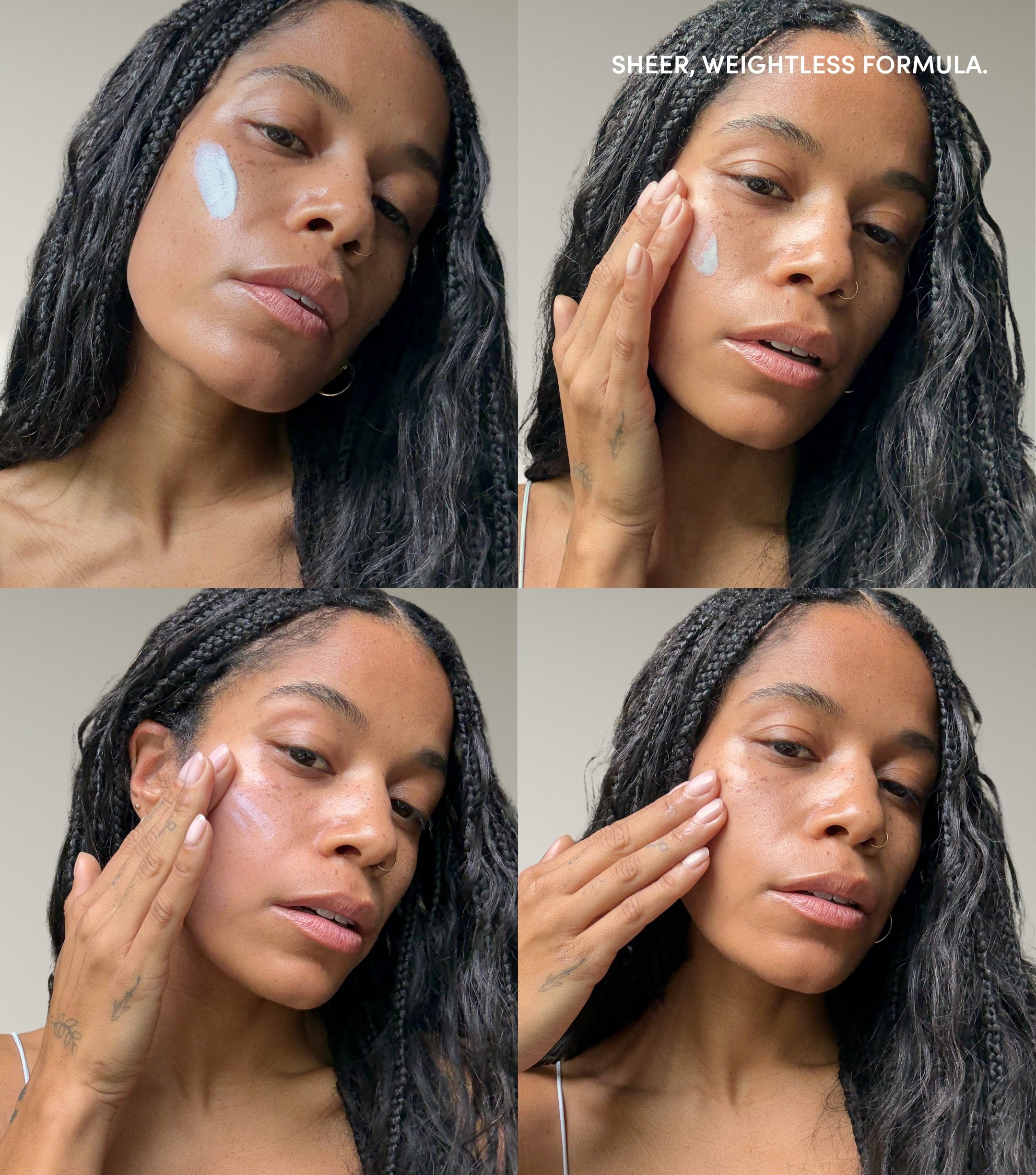A woman with long braided hair applies Daily Sun Shield, a sheer, weightless mineral sunscreen cream, to her cheek in four steps and blends it in. The text reads: “SHEER. WEIGHTLESS FORMULA.”.