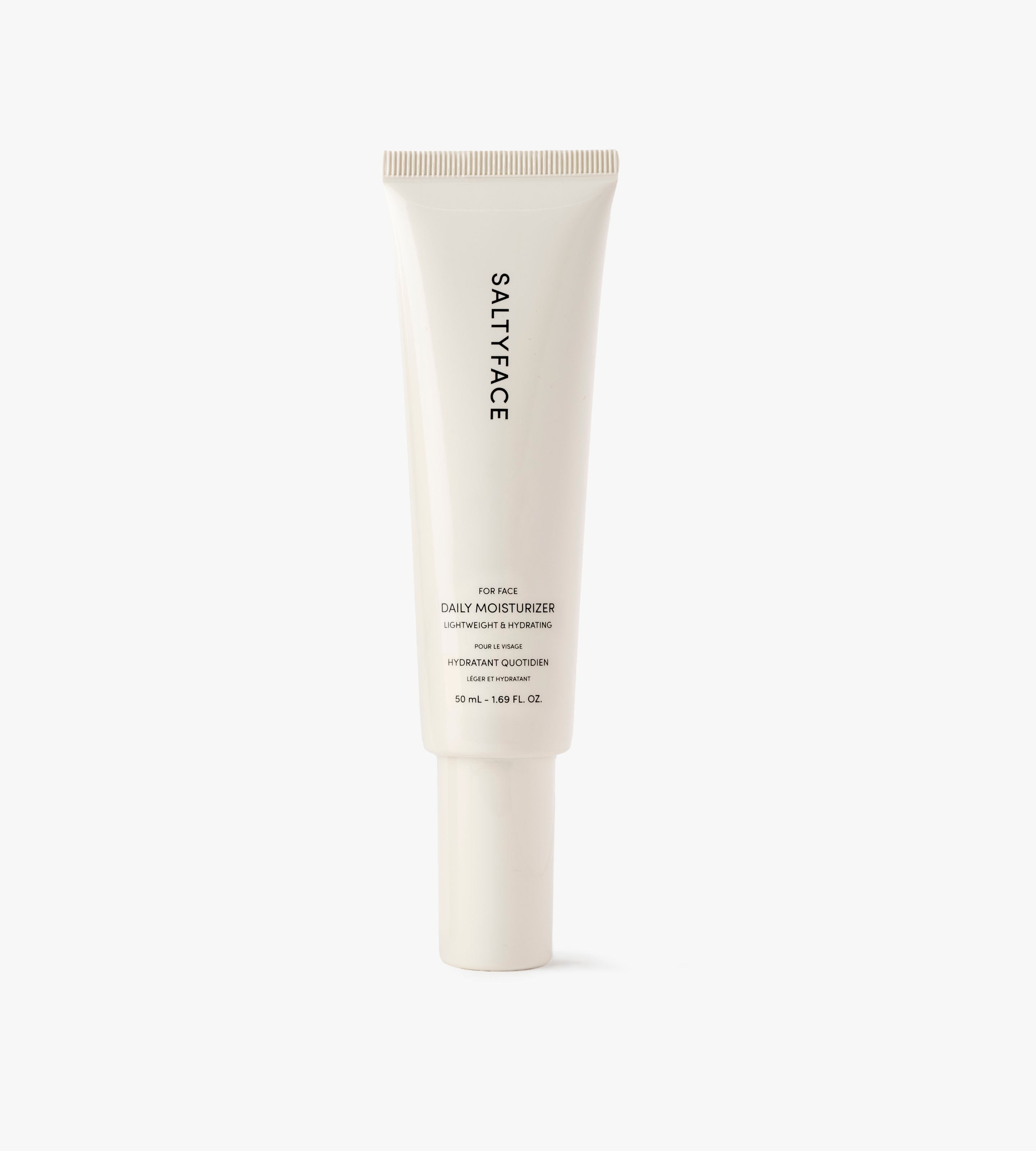A white tube of Daily Moisturizer stands upright on a plain white background, displaying black product details and featuring a pump dispenser at the bottom.